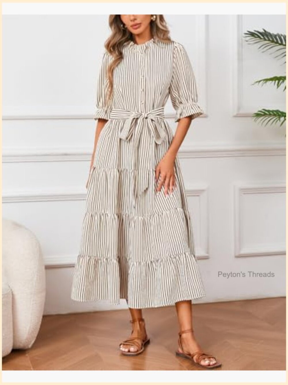 Striped Ruffle Collar Maxi Dress Half Sleeve Button Down Flowy Beach Vacation - Picture 5 of 7